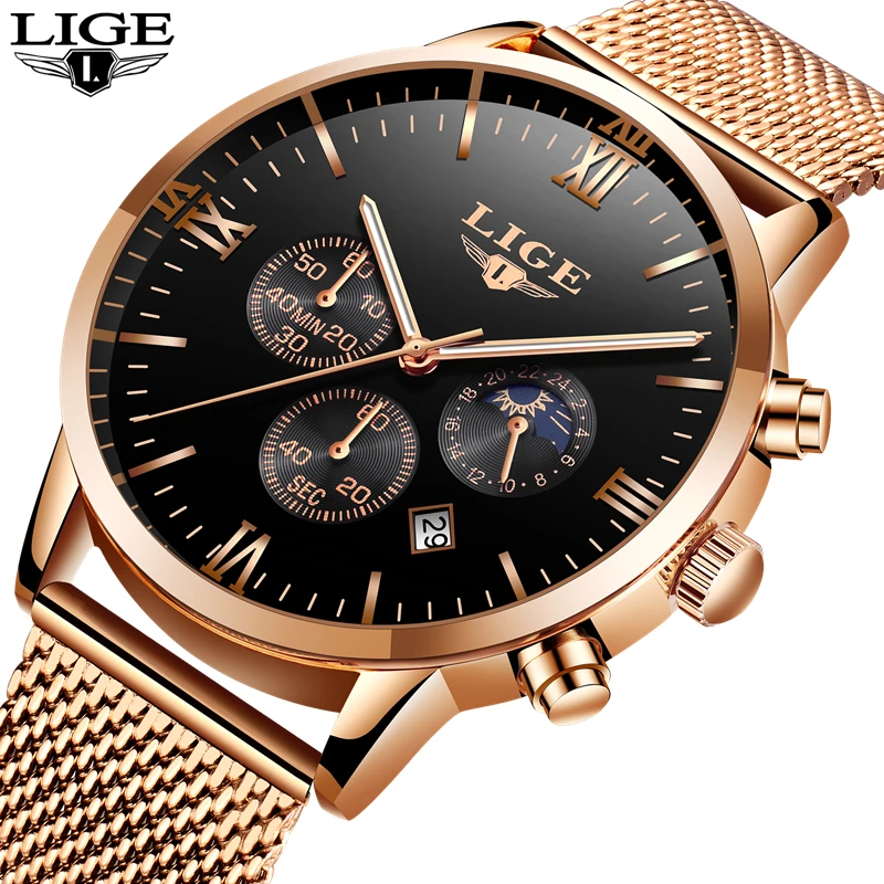 

LIGE Top Luxury Brand Ultra-thin Business Quartz Watch Men's Casual Mesh Steel Gold Waterproof Sport Watch Man Relogio Masculino