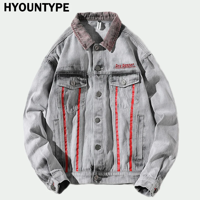 Hi-Street Men 2018 New Autumn Winter denim jacket washed patchwork Red stripe Distressed Denim Man Slim Fit Streetwear jeans ja