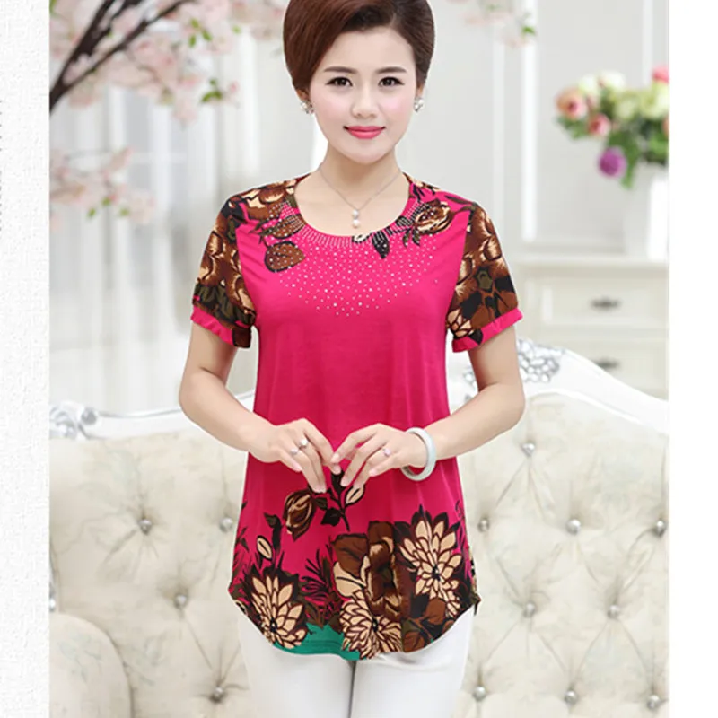 2019 Summer T-shirts Women Print O-neck Middle-aged Casual Loose T Shirt Vintage Clothes Short-sleeved Tops Tee Plus Size 4XL | Женская