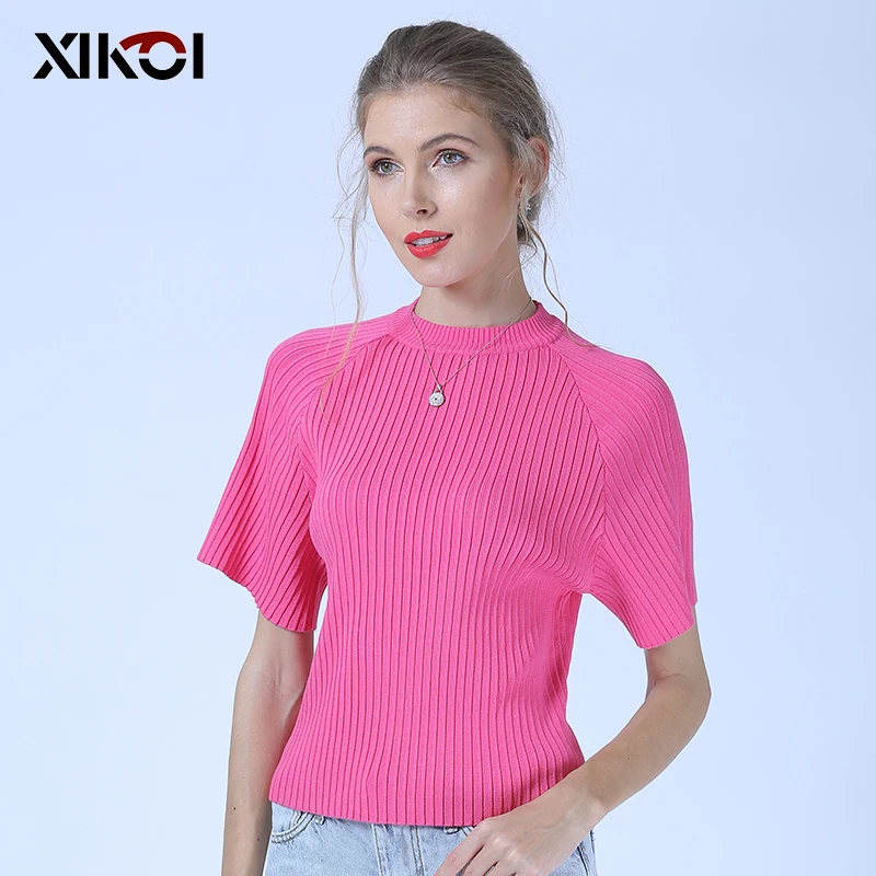 

XIKOI Rainbow-colored Vertical Striped Shirt Round Neck Short-sleeved Close-fitting Sweater