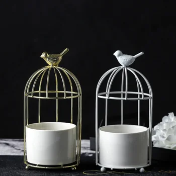 

Nordic Style Birdcage Shape Vase Ceramics Iron Tabletop Art Vase Flower Pot Home Living Room Decor No Plant