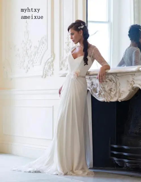 

Plus Size Boho Sexy Sheer Back Sweetheart Bride Gown With Ribbons Flower Wedding Dress Three Quarter Beach Wedding Dresses 2019