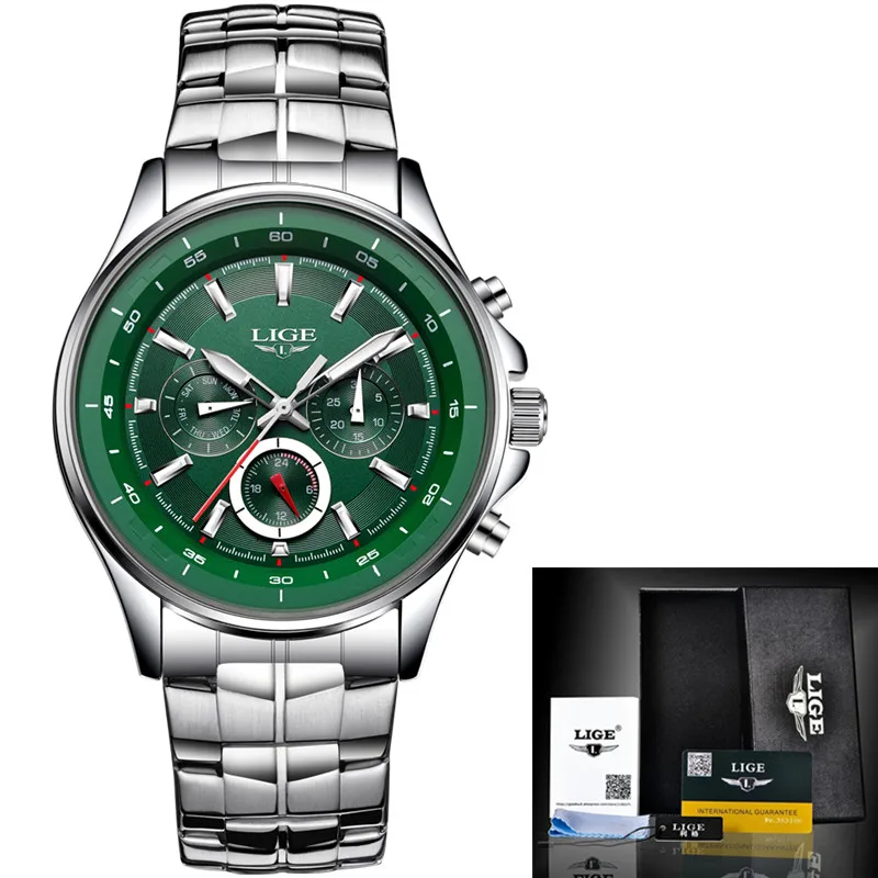 Топ люксовый бренд LIGE мужские спортивные часы Бизнес водонепроницаемые мужские часы, наручные часы модные повседневные кварцевые наручные часы Relogio Masculino - Цвет: Silver Green