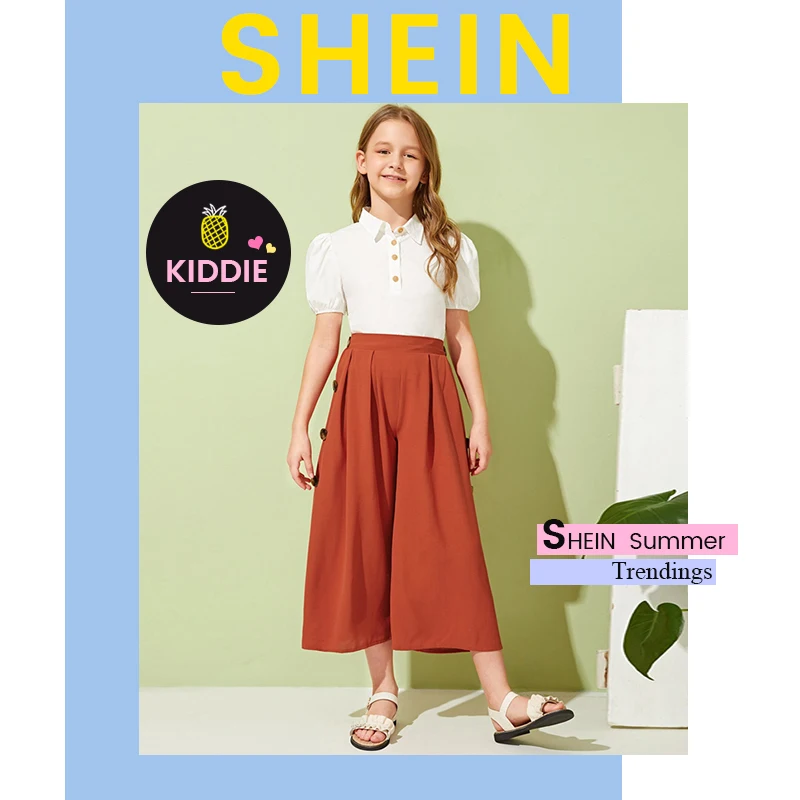 SHEIN Kiddie Girls Solid Button Side Pleated Palazzo Casual Pant Kids Bottom Summer High Waist Teenagers Loose Pants