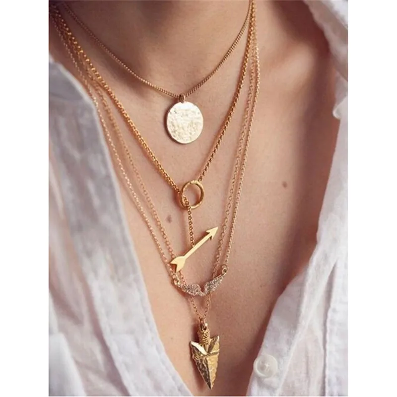 

Summer Necklace Women Multilayer Irregular Round Arrow Gold-color Pendant Chain Choker Jewelry Gift