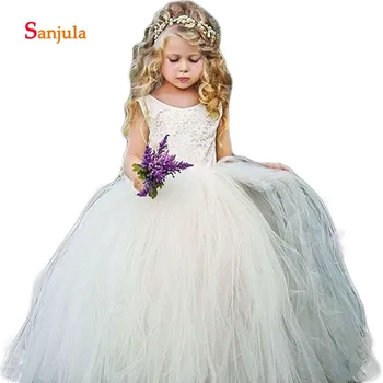 

Puffy Tulle Ball Gown Flower Girls Dresses Vintage Lace Wedding Party Dresses Open Back Commnuion Gowns robe mariage fille D98