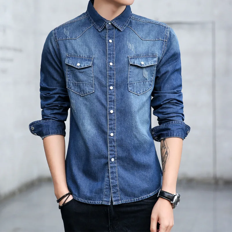 

LEDINGSEN New Autumn 2019 High Quality Long Sleeve Ripped Denim Shirts Men Casual Shirt Fashion Slim Mens Jeans Shirts For Men