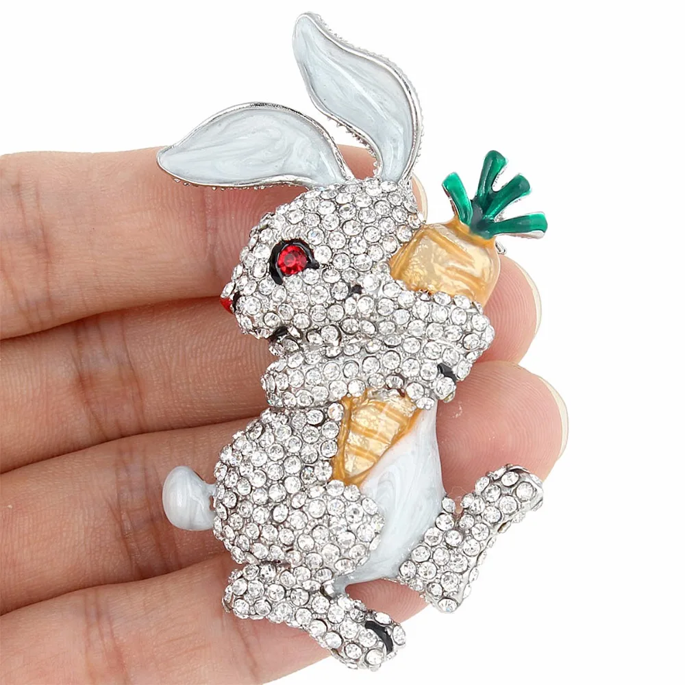 

Tuliper Easter Bunny Rabbit Hold Carrot Animal Brooch Pin Enamel Austrian Crystal Rhinestone Brooch For Women Party Jewelry Gift