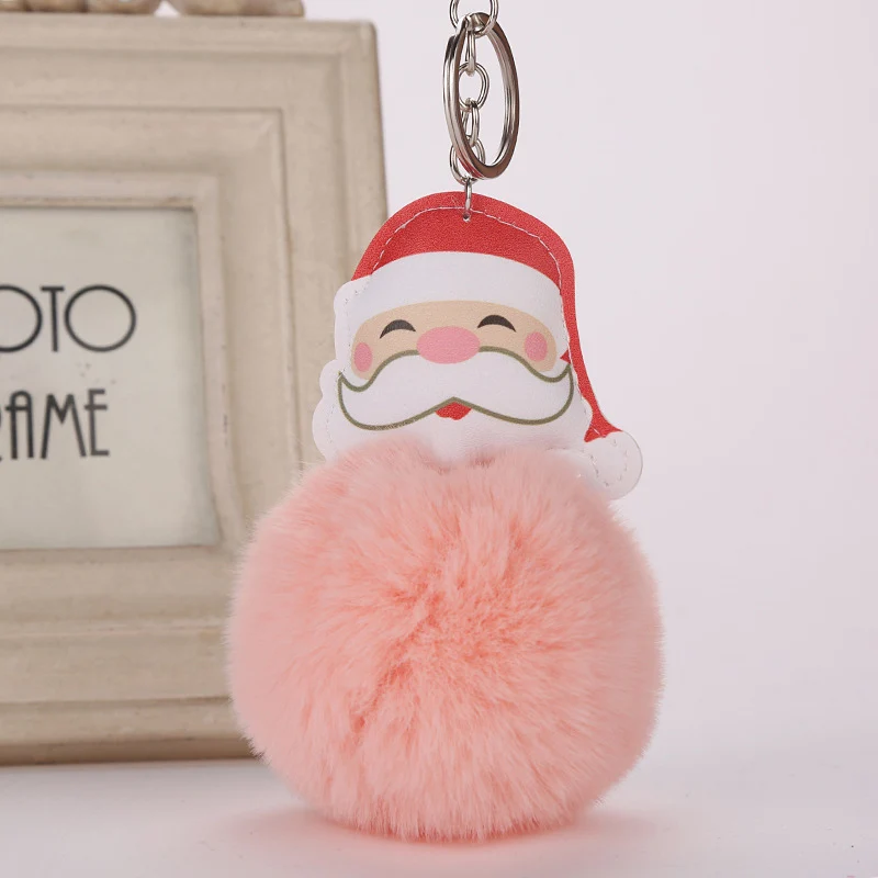 Пушистый Санта брелоки с изображением Клауса для крышки ключа помпон искусственный мех кролика мяч подарок папы на Рождество брелок держатель кулон аксессуары - Цвет: Baby Pink