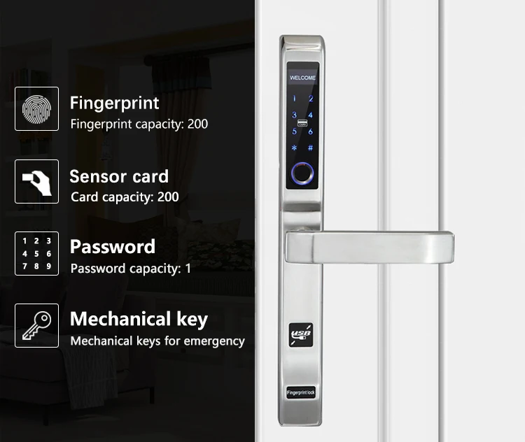 Электронный цифровой алюминиевый биометрический раздвижной дверной замок с отпечатком пальца
