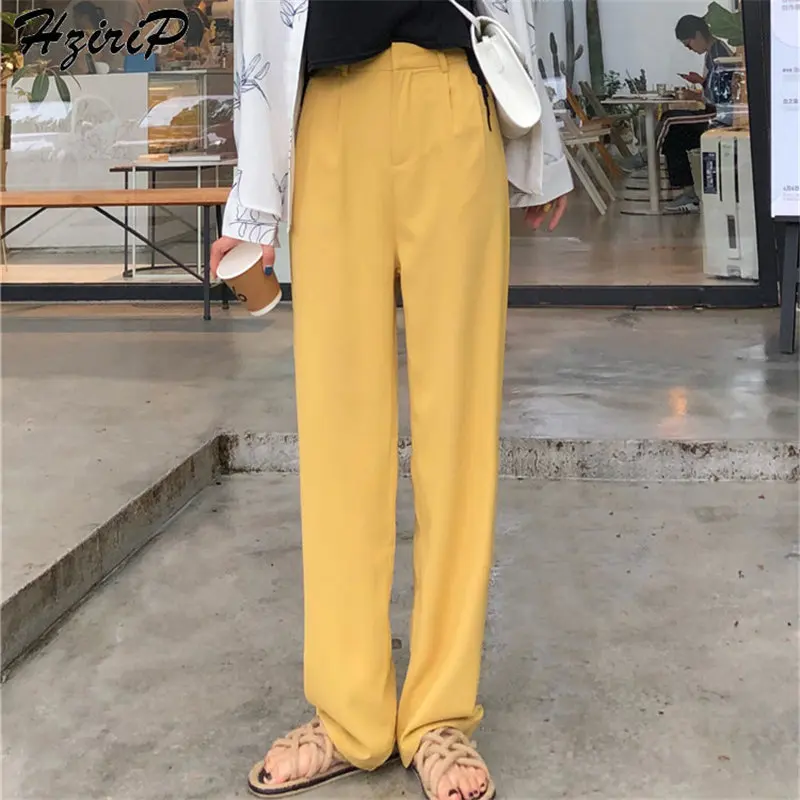 Hzirip корейский шик летние женские с высокой талией плоские женские повседневные свободные модные однотонные прямые длинные брюки 2 цвета Большие размеры