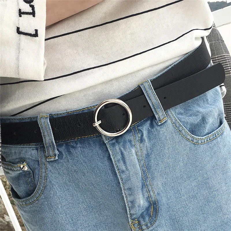 New Gold Round Metal Circle Belt Female Gold Silver Black Coffee PU