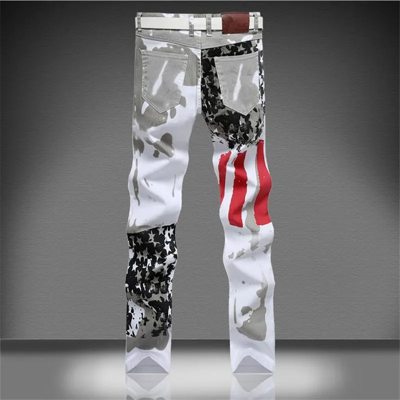 Новинка, джинсы с рисунком американского флага, Брендовые мужские прямые повседневные брюки, мужские джинсовые брюки, микро-бомба