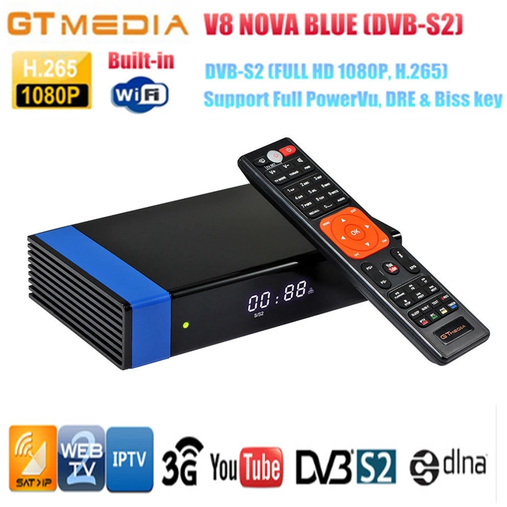 

GTMEDIA V8 NOVA Blue DVB-S2 Digital Satellite Receiver,PowerVu,Biss key H.265,Built WiFi With AV Port Television Set Top TV Box