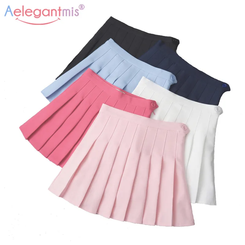

Aelegantmis Women Sweet Lolita High Waist Pleated Skirt Girls Harajuku Mini Skirts Lady Summer Slim Short School Uniform Skirt