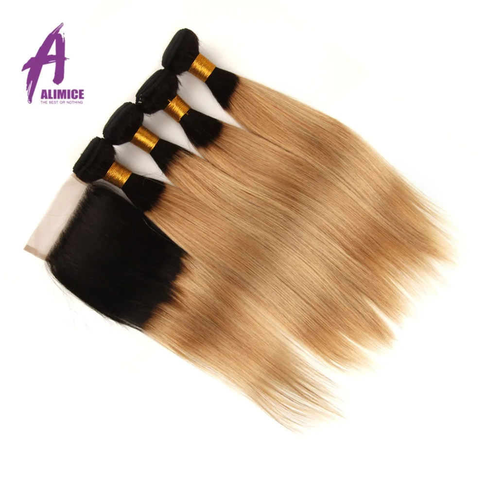 Alimice Ombre бразильский прямые волосы 2 3 4 Связки с закрытием T1B/27 Мёд блондинка Связки с закрытием переплетения человеческих волос