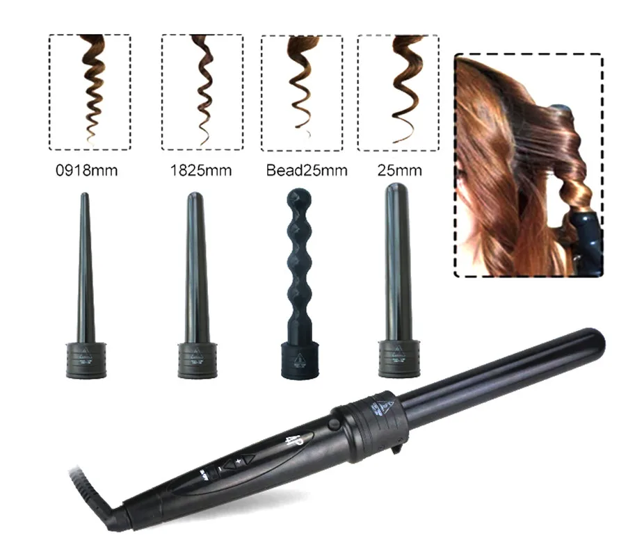 

Hair Curling Iron 4 in 1 curling wand Rollers Tourmaline Ceramic Hair Curler Set Interchangeable irons salon Care styling tools