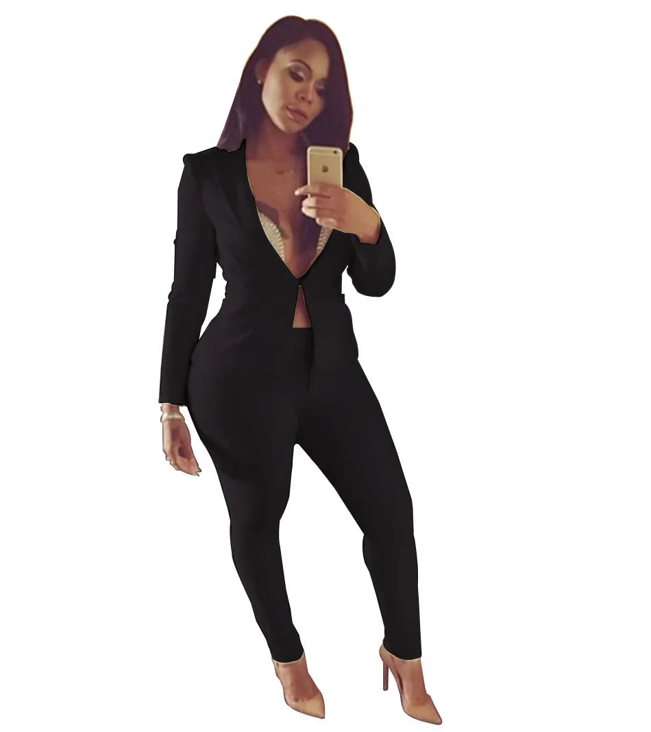 

Women's 2019 Spring and Summer New Solid Color Large Size Suit Pants Two-piece Long-sleeved Casual Suit
