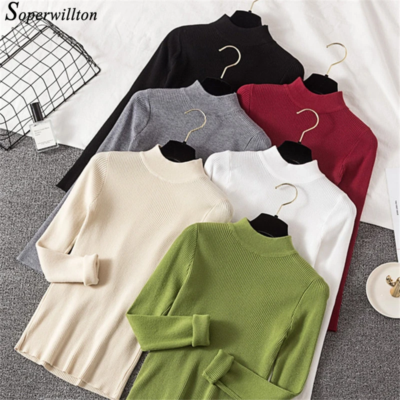 

Winter bottoming Knitted Sweater Women Pullovers 8 Color Soft Slim Female knit Sweaters Turtleneck Jumper basal Knitted Tops