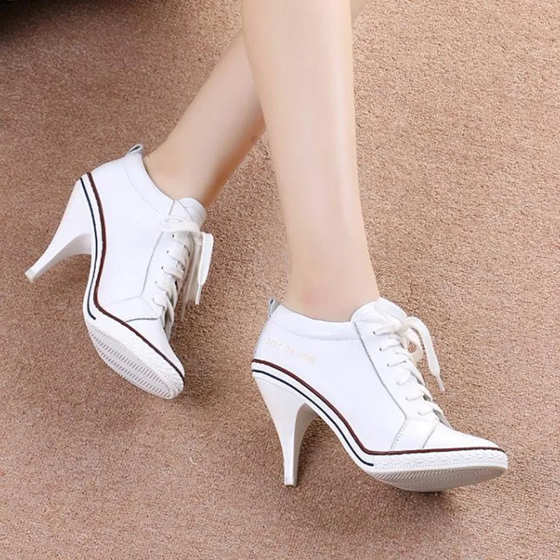 

Spring and autumn Genuine leather white high heels Large size tip head Lacing High heel women's shoes Heels women pumps obuv