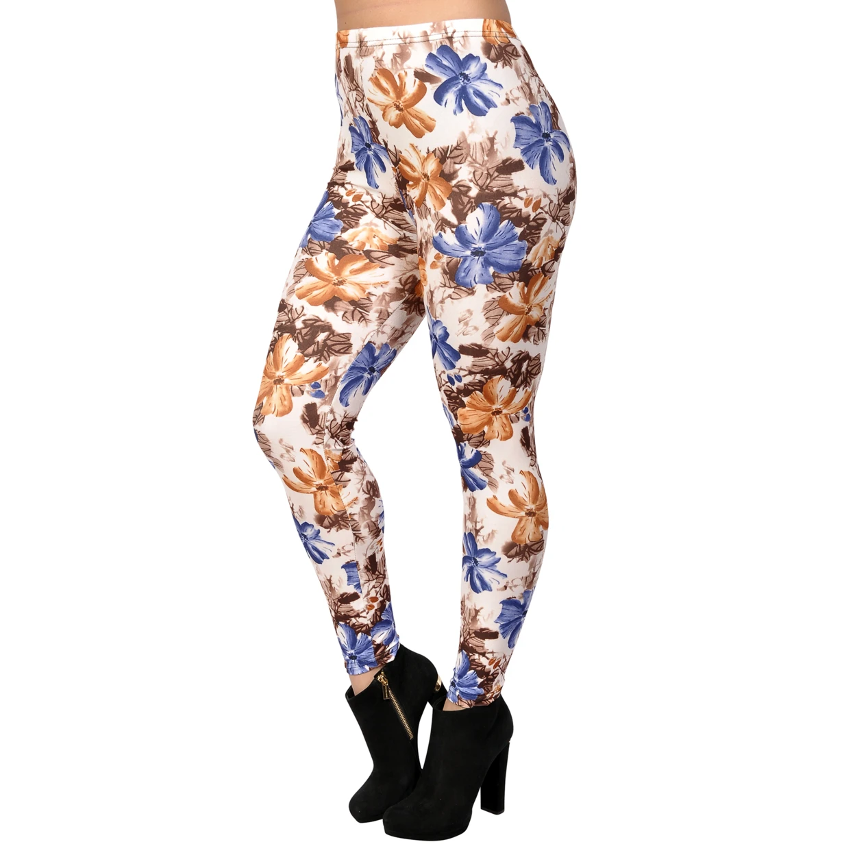 Women's Blue And Orange Floral Leggings Medium White