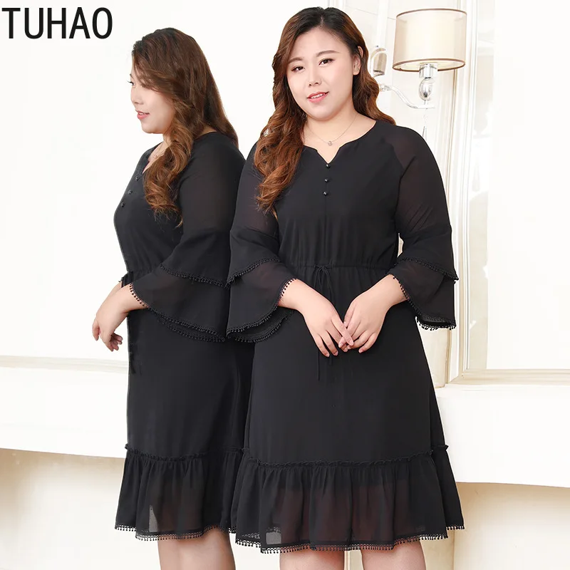 

TUHAO 2019 Spring Dress Large Size 10XL 9XL 8XL 6XL Women's Dress Black Elegant Ruffles Fluffy Sleeve Office Lady Party Dresses