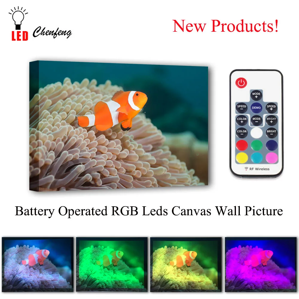 

Flashing Led Canvas Printing Clownfish in ocean Wall Picture Remote control Illuminate painting light box print and poster decor