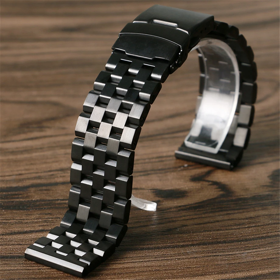 Silver/Black Solid Stainless Steel 22mm 20mm Watchbands Folding Clasp Mens High Quality Watch Strap Replacement