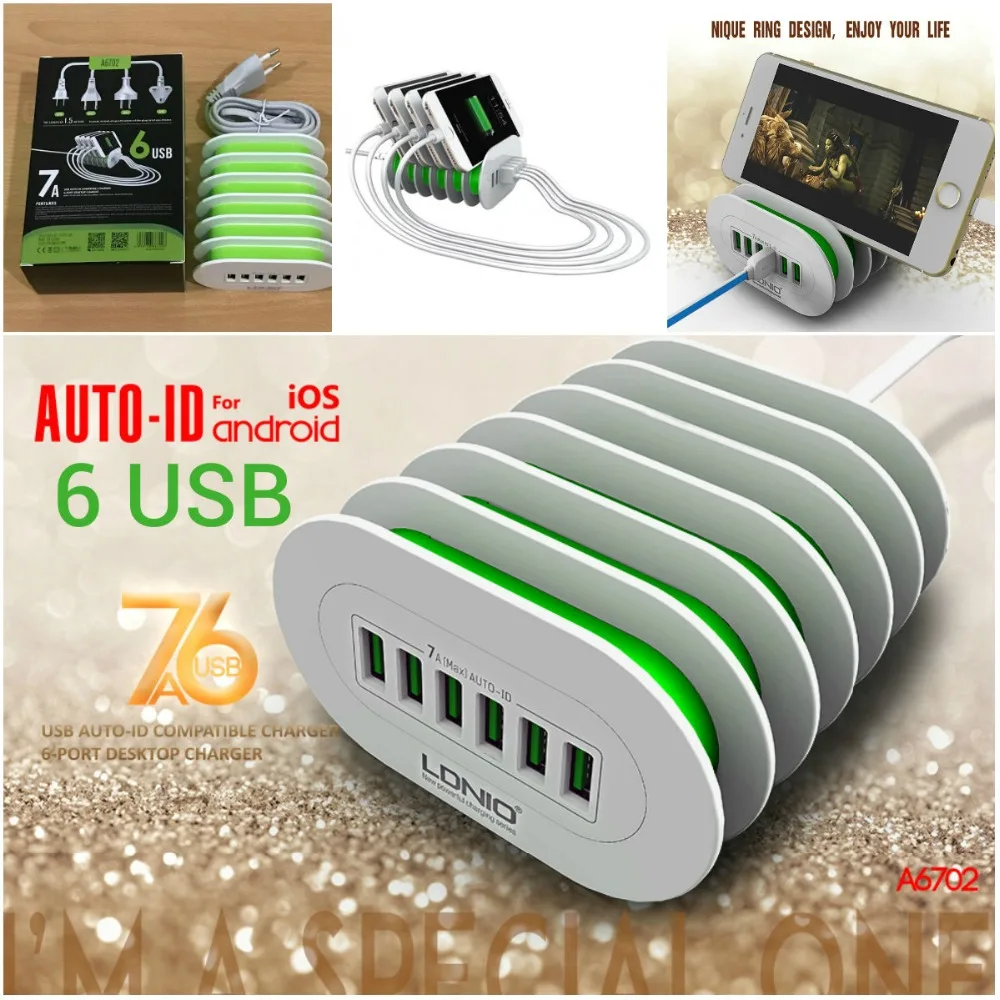 Многопортовая зарядная станция LDNIO A6702 с 6 USB умное Адаптивное настольное