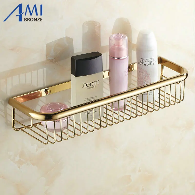 30cm 45cm Wall Mounted Golden Polished Bathroom Accessories Bathroom Shelves , Basket Shelfin