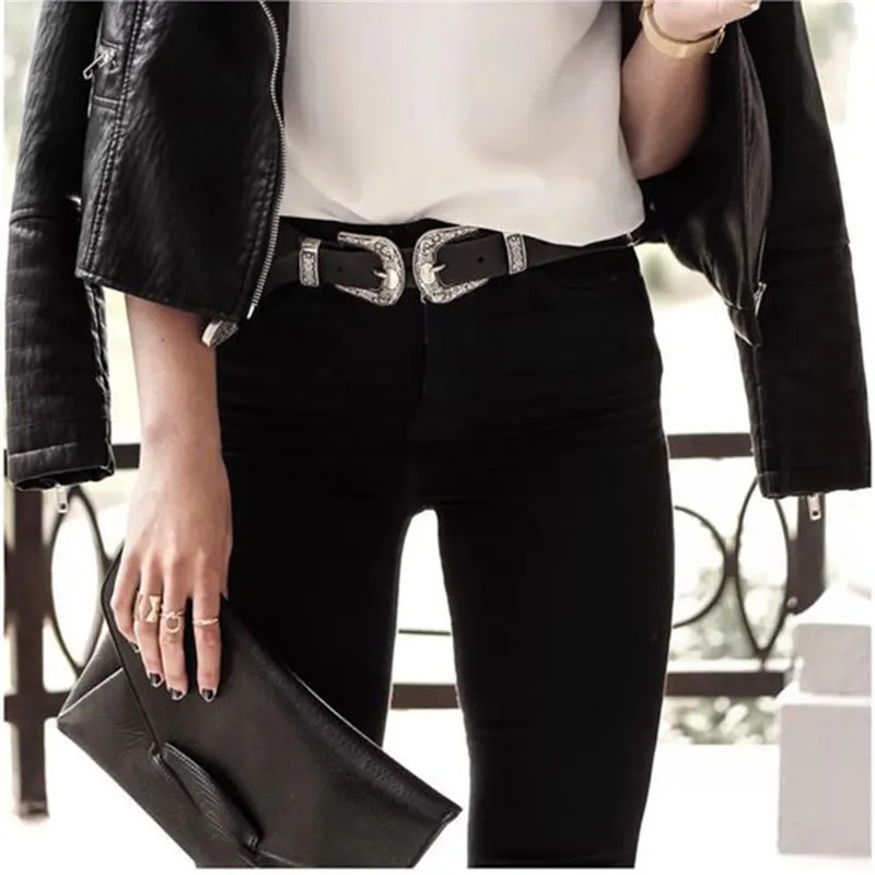 Boho Lady Vintage Metal Leather Double Buckle Waist Belt Waistband belts for Women Fashion Accessory 40FE0213