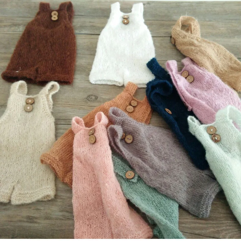 

Newborn photography props soft mohair baby boy girls costume handmade knit buttons romper outfit baby photo props accessories