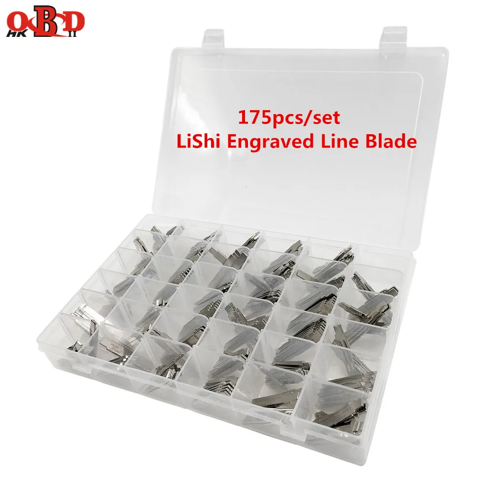 

HKOBDII 175pcs Metal Engraved Line 2 in 1 LiShi Scale Shearing Teeth Blank Car Key Blade Set With a Box for KD900/KD-X2 Remotes
