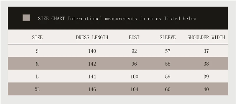 Muslim Arab Women Size Chart