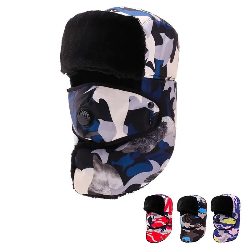 

Camouflage Hat Male Winter Skullies Beanies Thick Warm Earmuffs Bomber Hats Female Windproof Bicycle Cold Cotton Caps