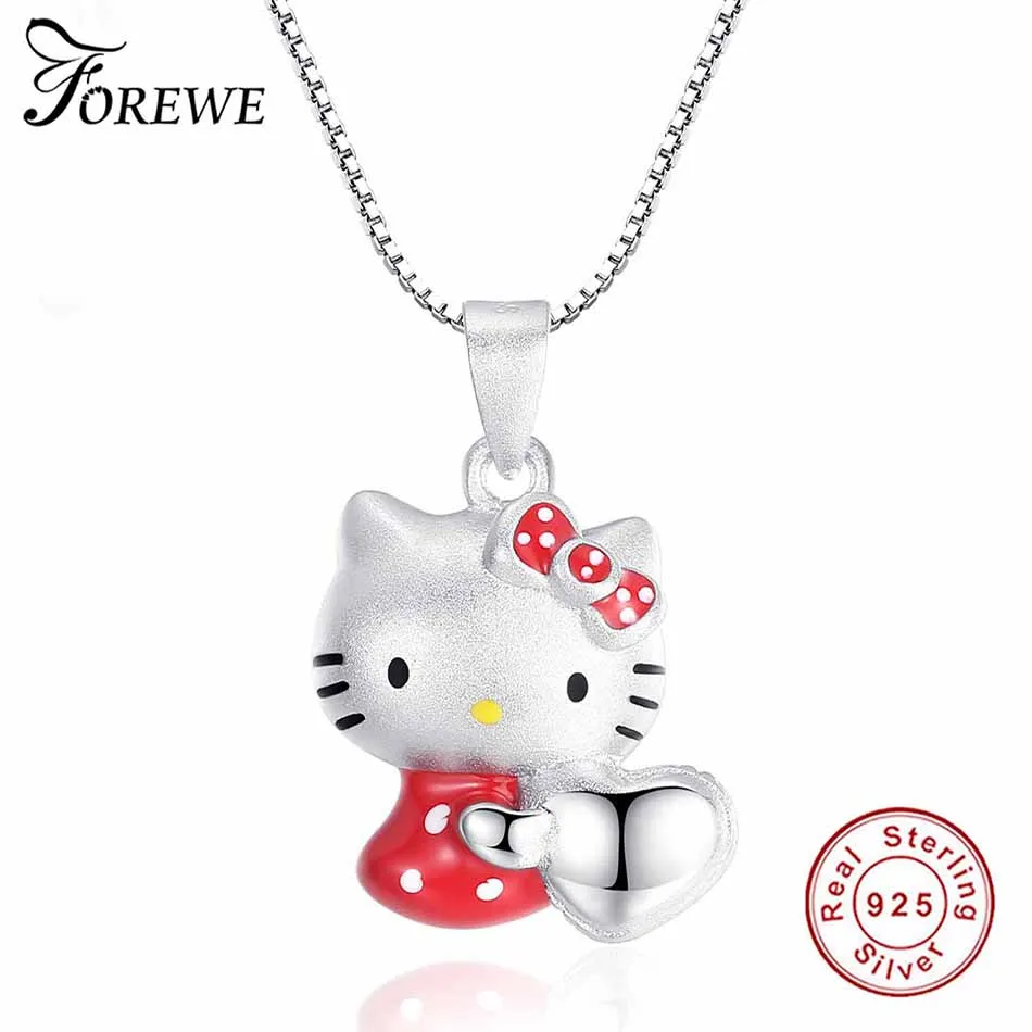 

FOREWE Lovely Cute Real 925 Sterling Silver Cartoon Cat Heart Necklace&Pendants Elegant Wedding Jewelry For Women Children Girls