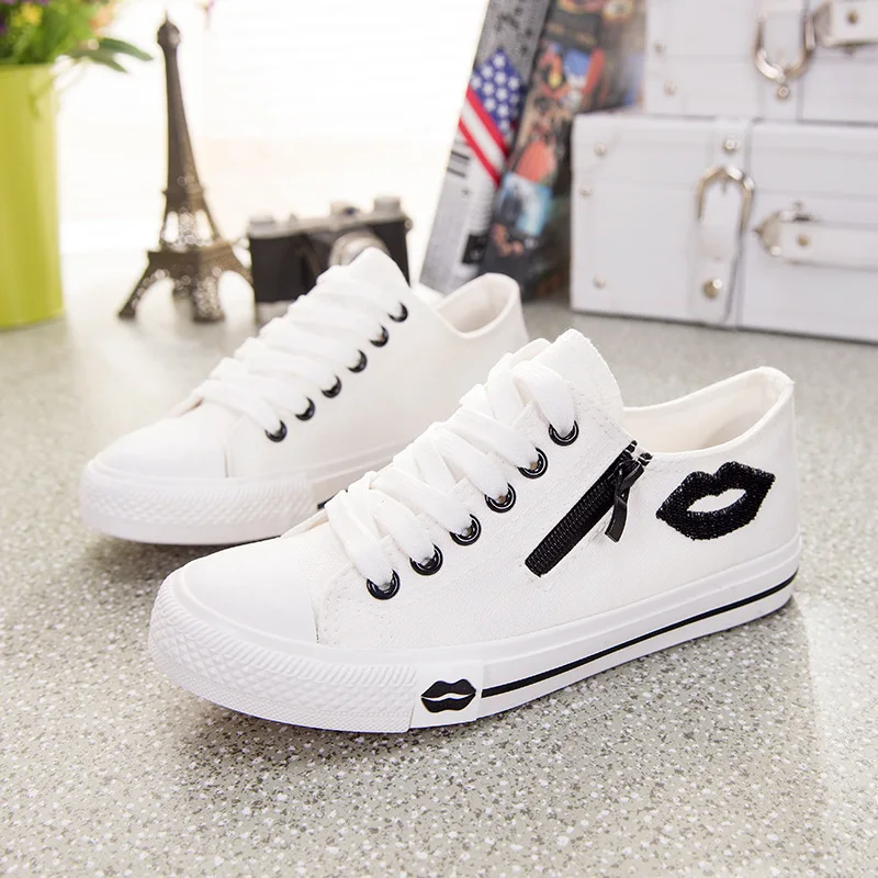 

FIDANEI Women Sneakers Summer New Zip Red Lips Canvas Shoes Ladies White Casual Shoes Comfortable zapatillas mujer