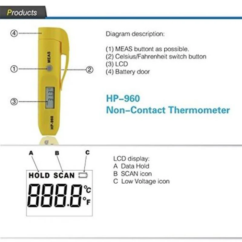 HP-960C-30-275 'C Инфракрасный цифровой термометр ручка Тип Портативный мини тестер лазерный температурный прибор