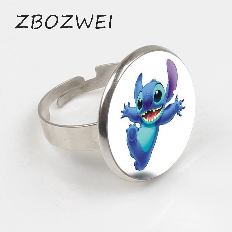 

ZBOZWEI New Cartoon Handmade Fashion Jewelry Blue Stitch Goblin Ring Silver Ring Glass Dome Ring Gifts Girl