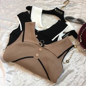 

Cropped Strappy Bra Top Crop 2019 Summer Selling Knitted Vest Before And After Wearing Two V-neck Stretch Sleeveless Sweater