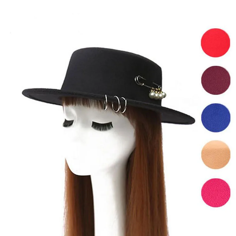 

[ozyc]pin pearl chapeau femme Vintage fashionable black top felt fedora hat men sombrero bowler church trilby hats for women