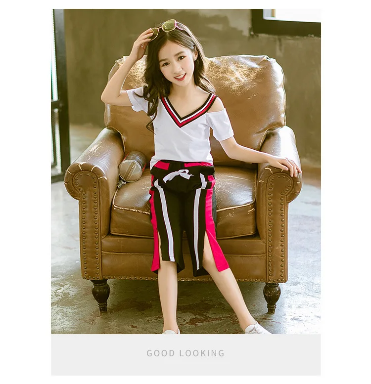 Fashion Summer Girl Clothing Teenage 2019 Child Set 2Pcs White T Shirt Wide Leg Pants Kids Clothes Outfits Sports Suit For Girls (11)