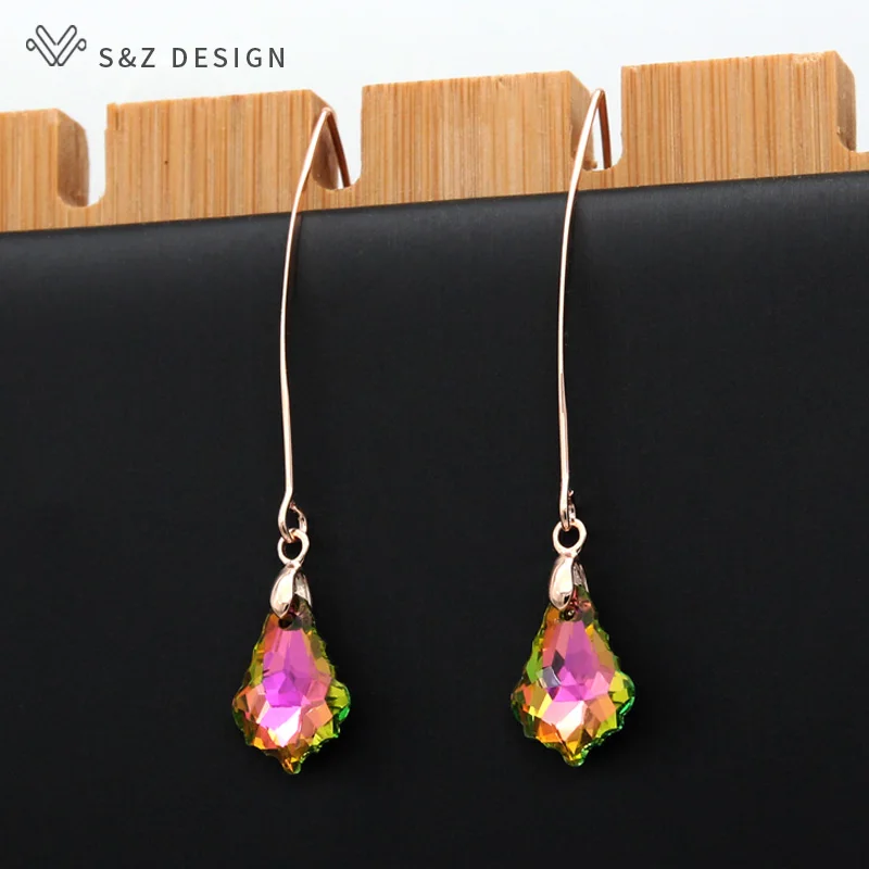 S&Z DESIGN New 585 Rose Gold Color Long Colorful Water Drop Crystal Dangle Earrings For Women Wedding Fashion Party Gift