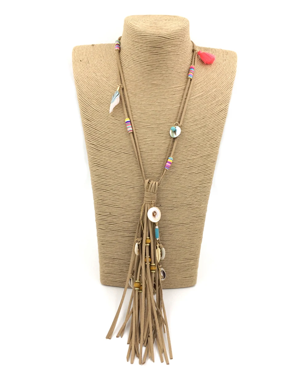 2017 New handmade jewelry supplier unique boho leather tassel pendants long Necklaces for women