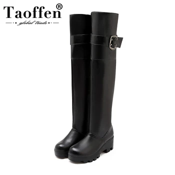 

Taoffen Fashion Femal Over Knee Boots Round Toe Buckle Thick Heel Shoes Winter Warm Long Boots Women Footwear Size 34-43