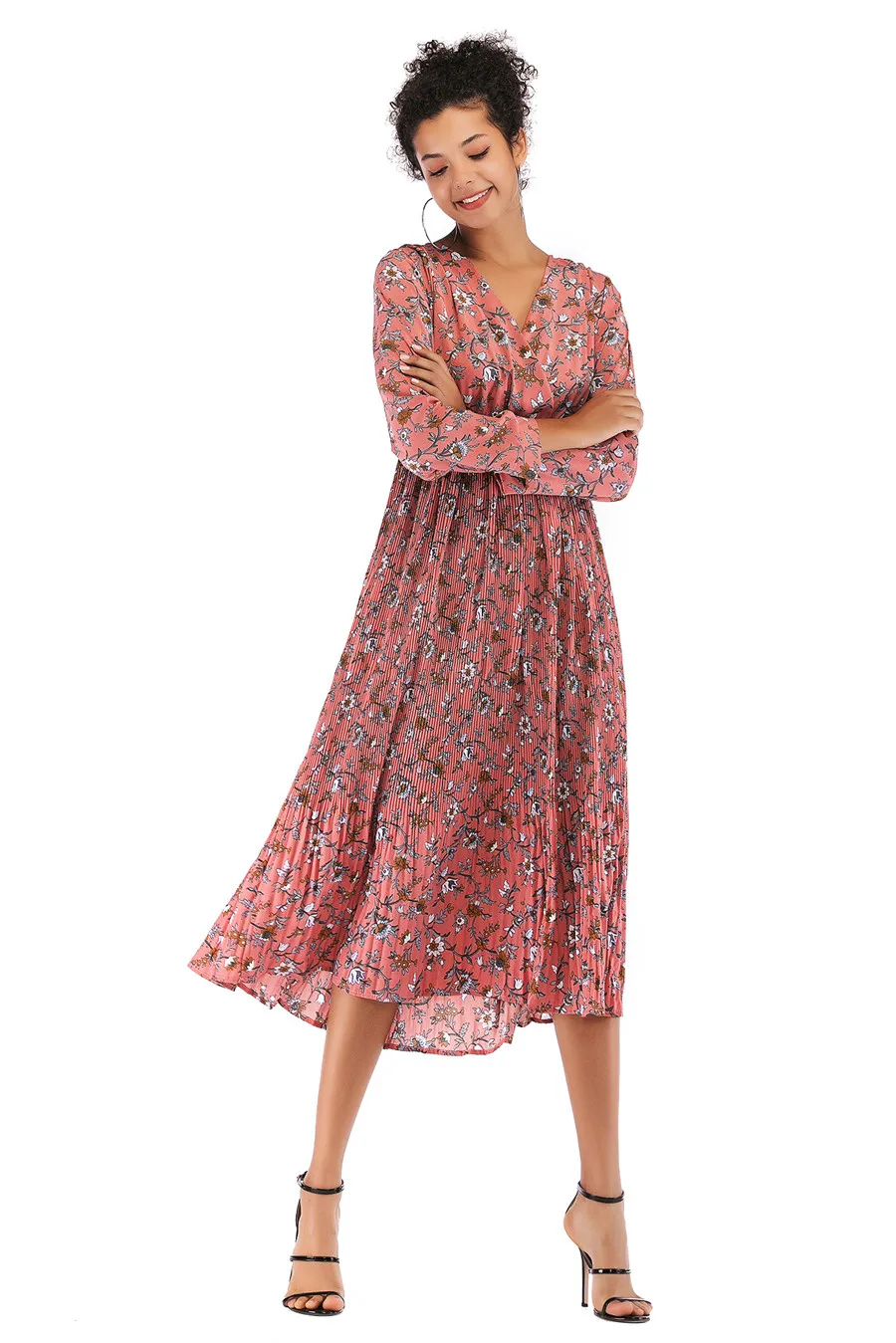 Gladiolus Hot 2018 Autumn Dress Women Long Sleeve V-Neck Sexy Floral Print Tunic Loose Midi Chiffon Dress Women Beach Sundress (28)