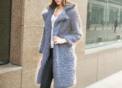Меховое пальто для женщин, женское теплое пальто из искусственной шерсти, куртка с отворотом, зимняя верхняя одежда, зимние топы, меховое пальто с длинным рукавом и отворотом - Цвет: Серый