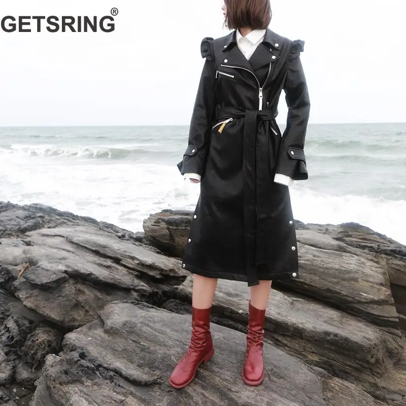 

GETSRING Woman Jacket Long Faux Leather Jacket Women Motorcycle Woman Jacket Long Sleeve Lotus Leaf Lace Up PU Coats Women's Top
