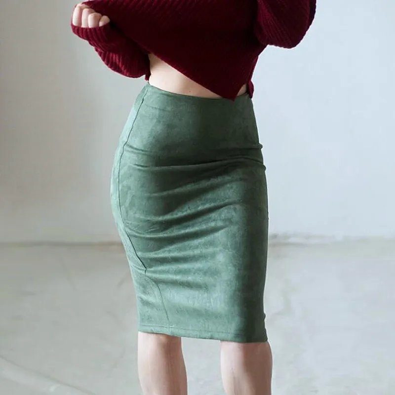 

2017 Spring Autumn Women Suede Multi Color Pencil Midi Skirt Female Basic Tube Bodycon Skirts Saia Femininas Black Grey