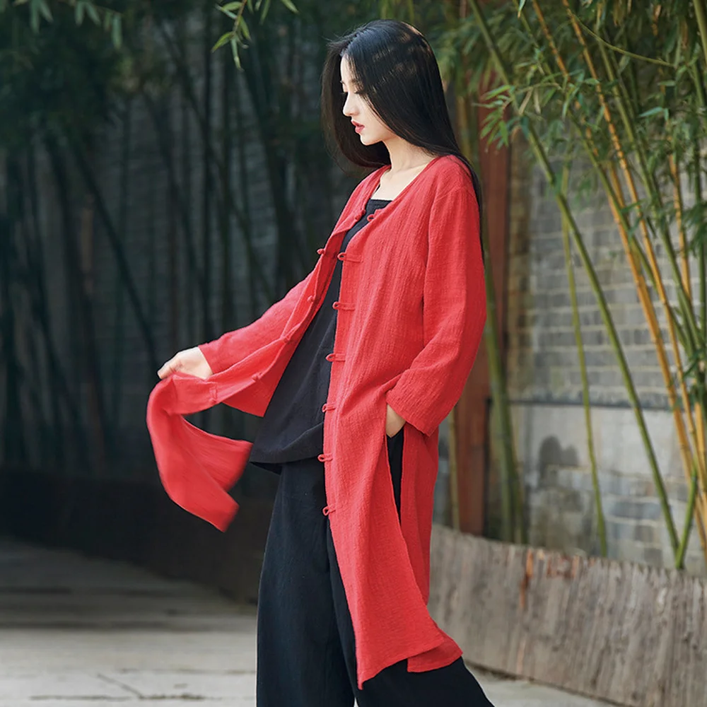 

2019 Spinning Cotton Linen Dress Original Retro Long Sleeve Cardigan Trench Frog Vintage
